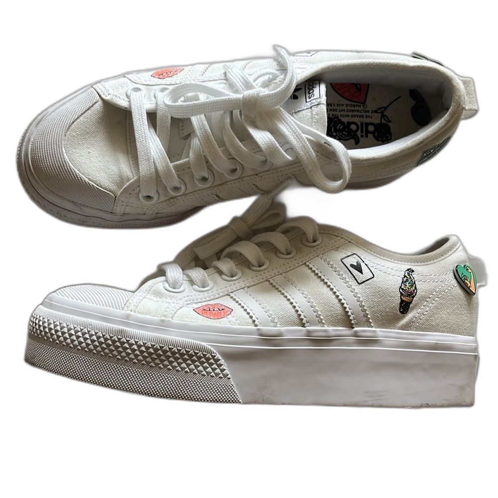 EUC Adidas Nizza platform GS Patches White Sz 6 worn 1x